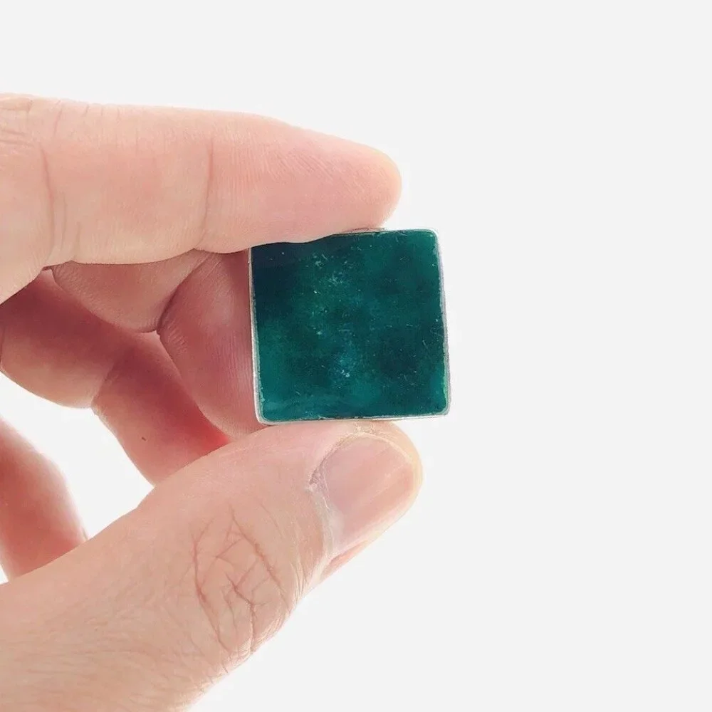 Vtg 1950s ABANA Mens Cufflink Emerald Green Jade Color Silvertone Base Square